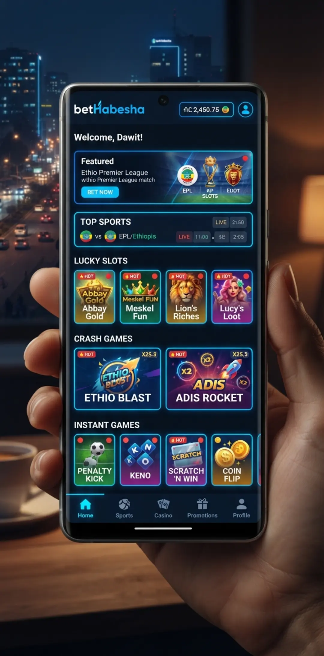 BetX interface with sports slots crash and instant game categories