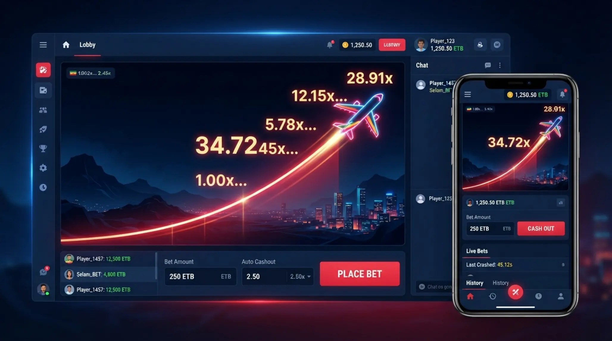 Aviator game banner with plane, rising multiplier, and BetX-style desktop and mobile interface