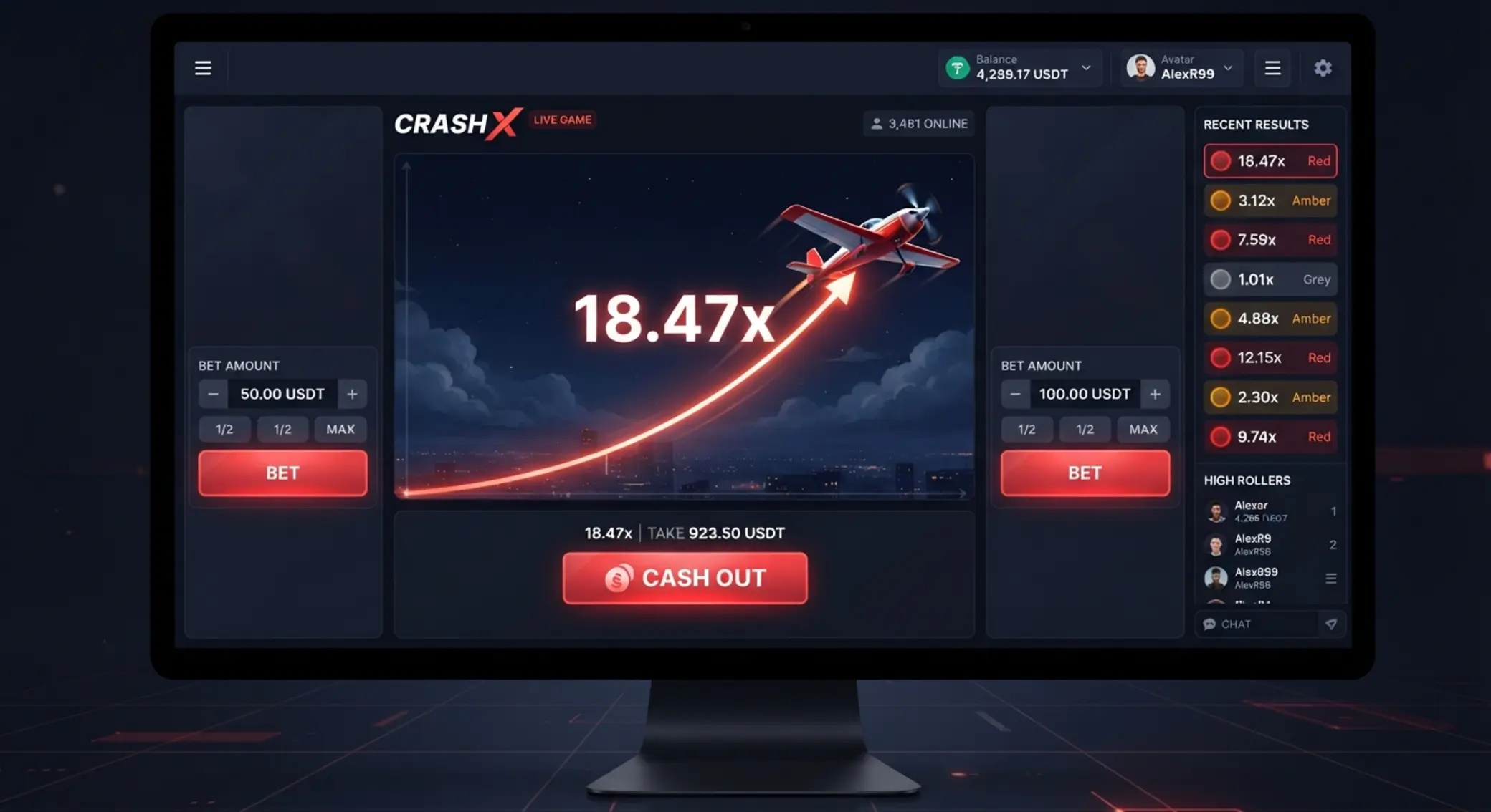 Aviator interface with plane, multiplier, cash out button, and two play fields