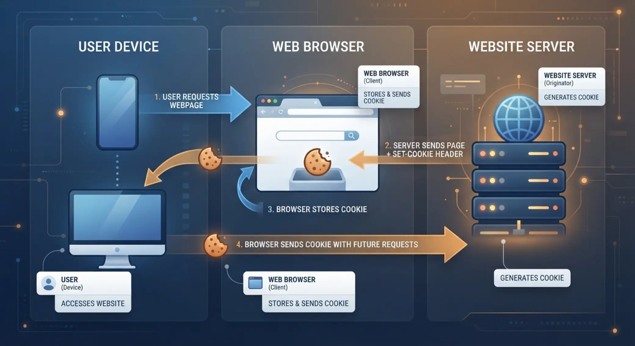 Diagram showing how browser cookies connect a device and website