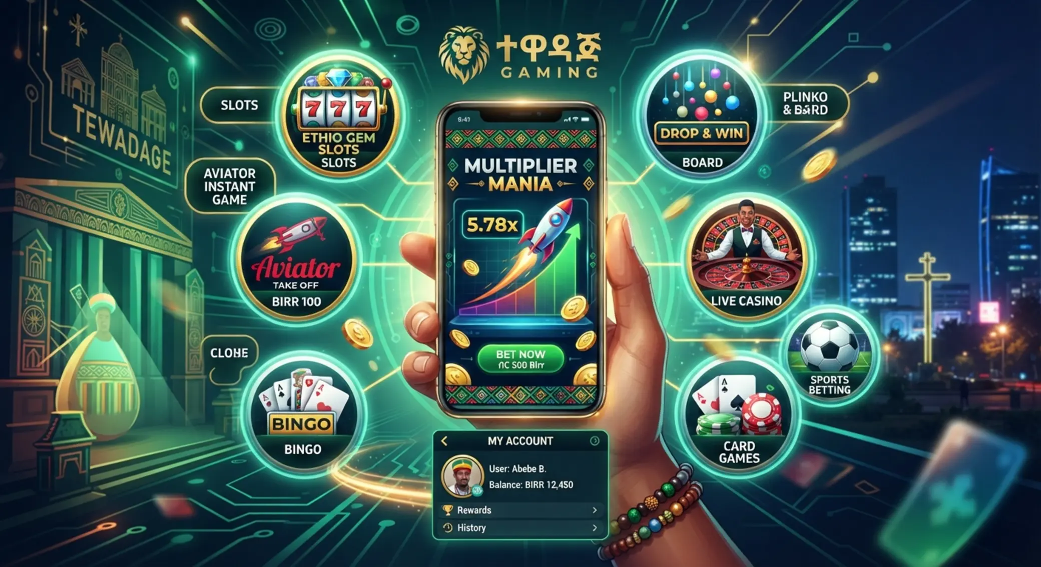 Betx ecosystem with crash game and other game icons around a smartphone