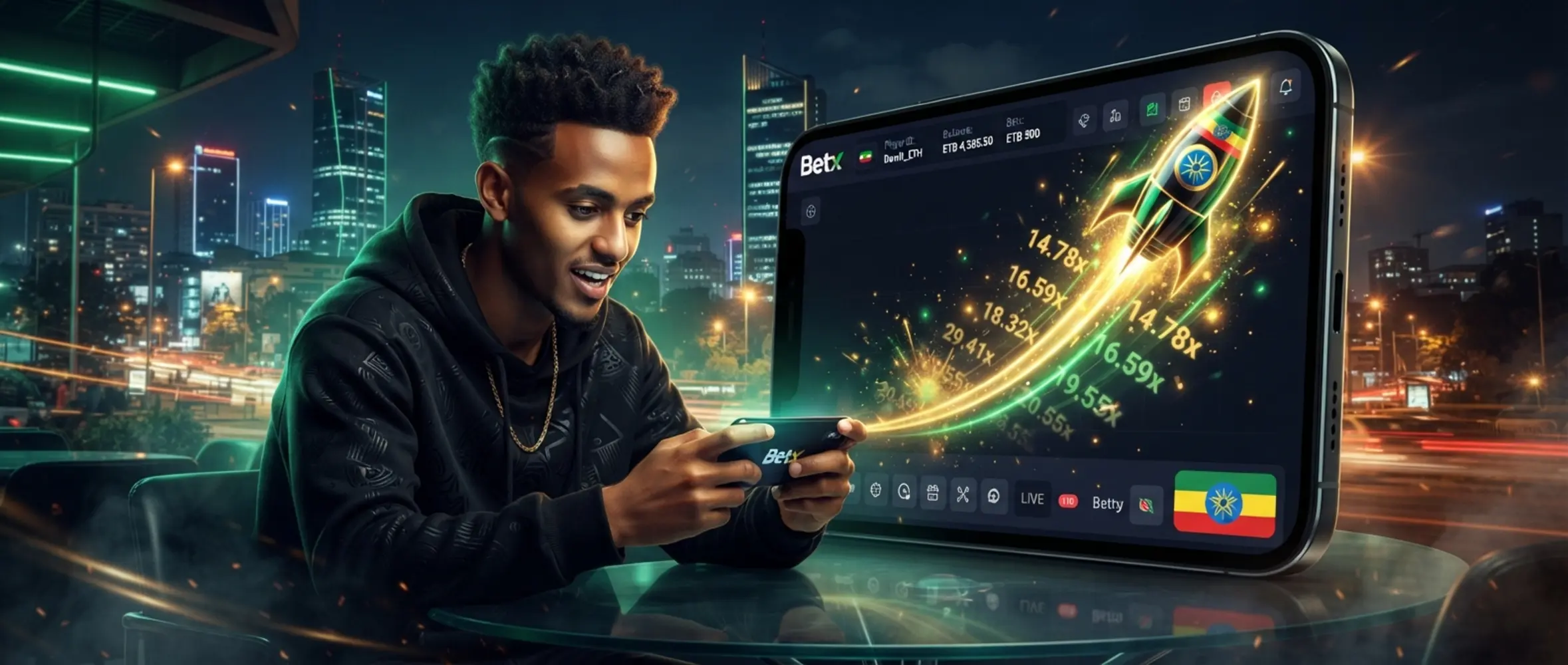 Dynamic Betx crash style banner with rising multiplier and mobile gameplay scene