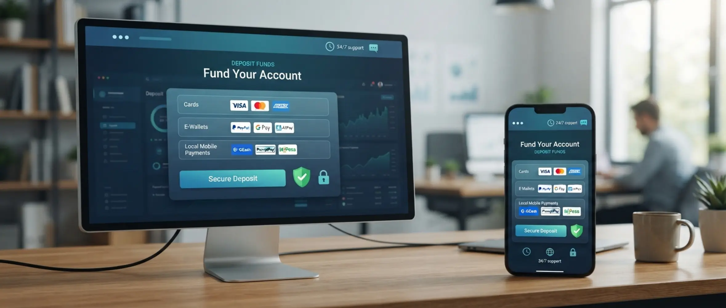 Smartphone and desktop showing a secure online deposit page with payment method icons