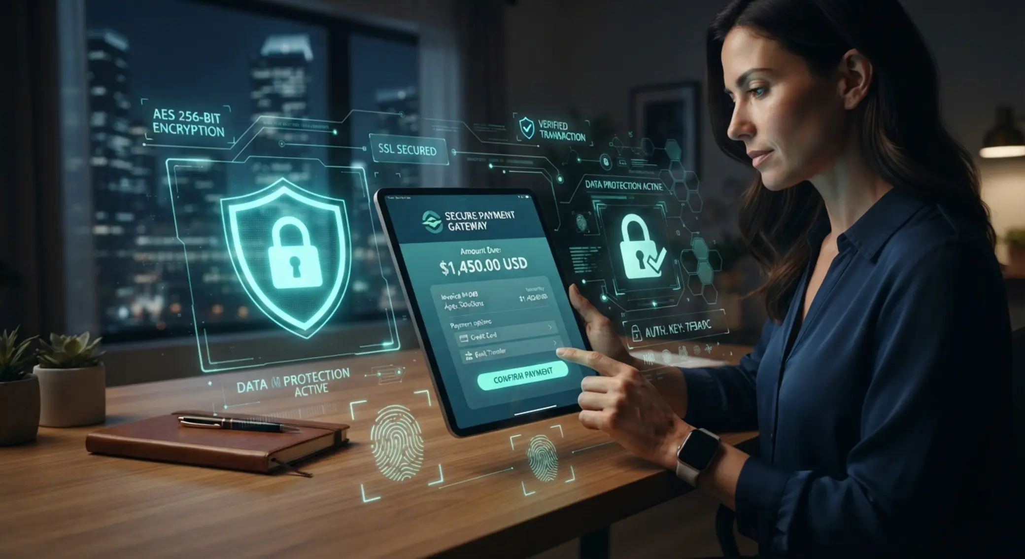 Secure online payment interface with shield and lock symbols
