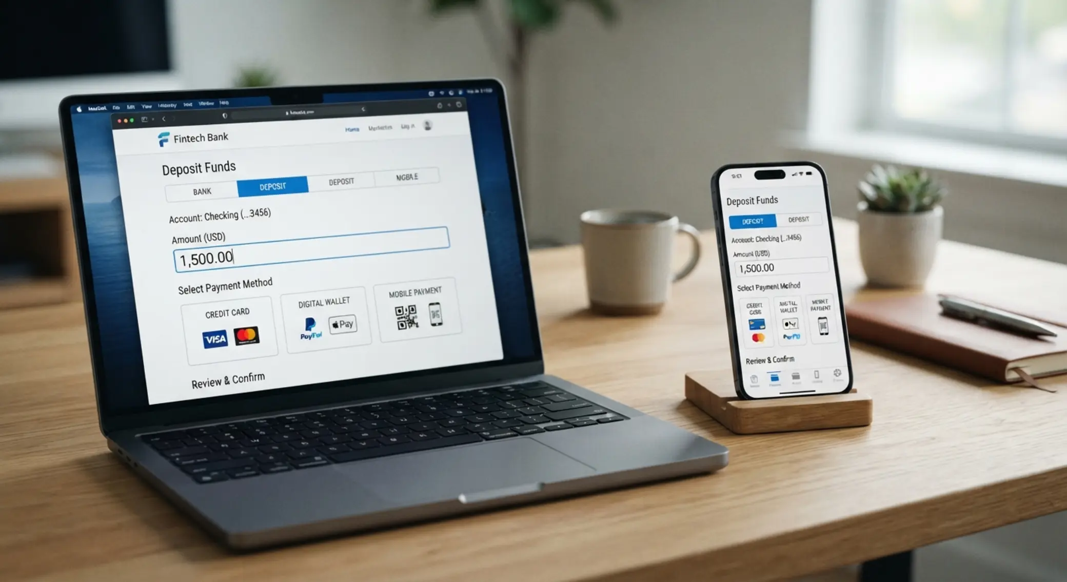 Deposit process shown on smartphone and laptop screens
