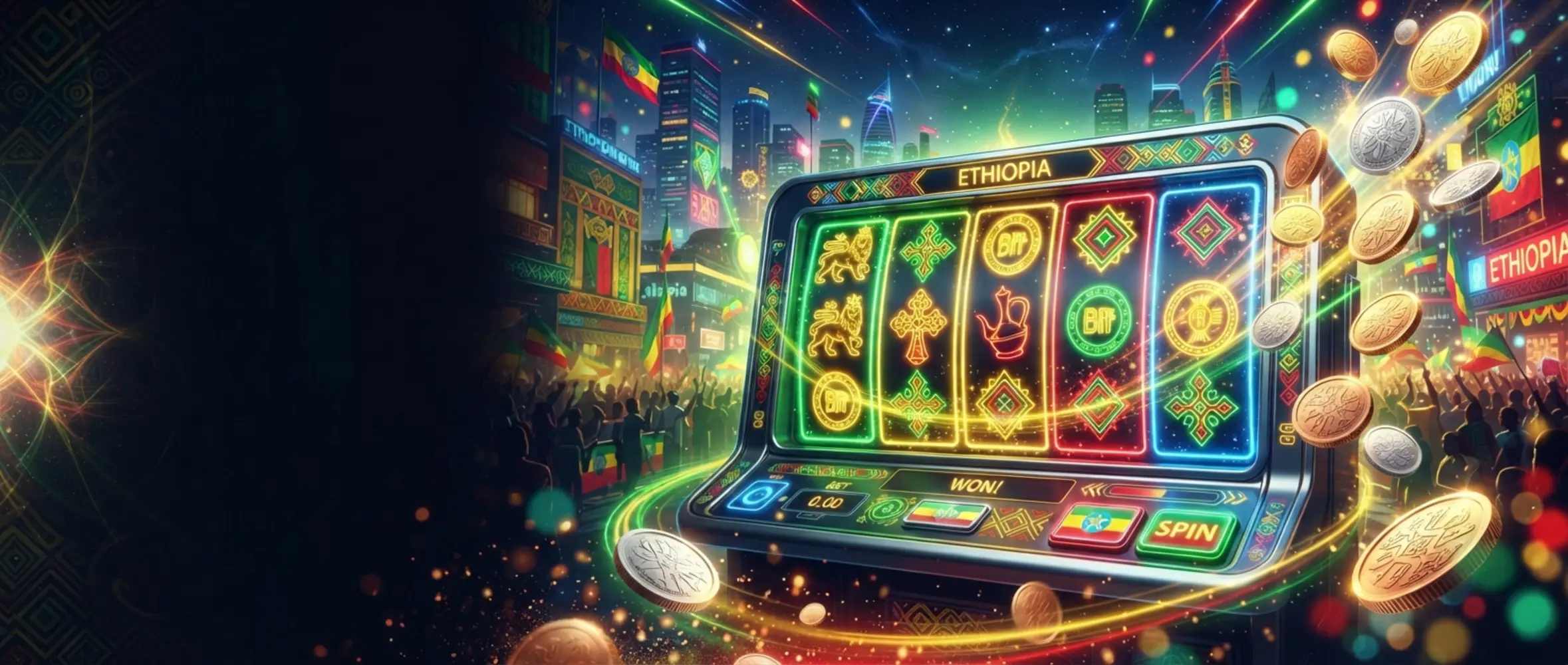 BetX free spins promo banner with glowing reels and Ethiopian color accents