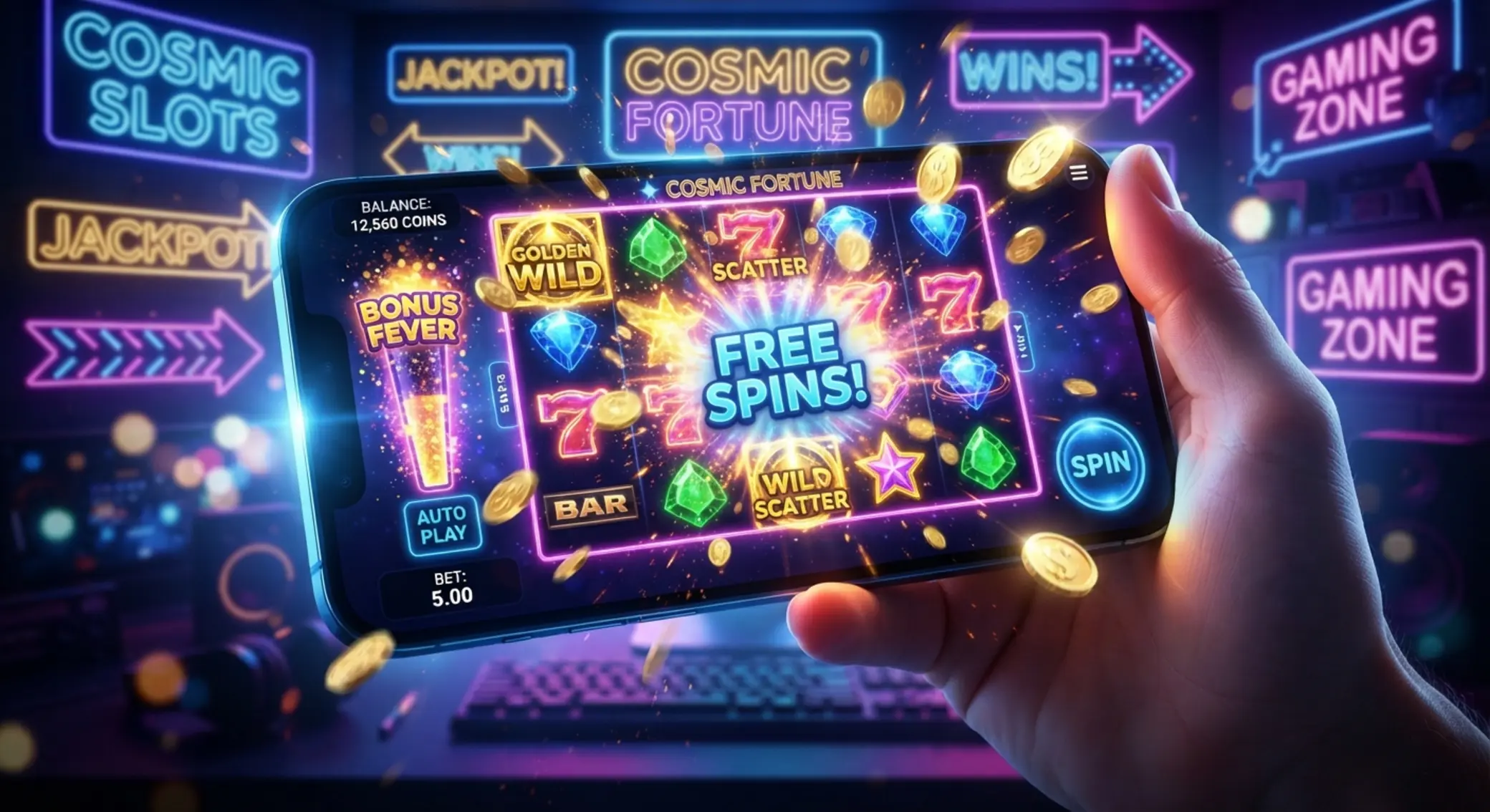 Free spins themed slot reels and coins illustration