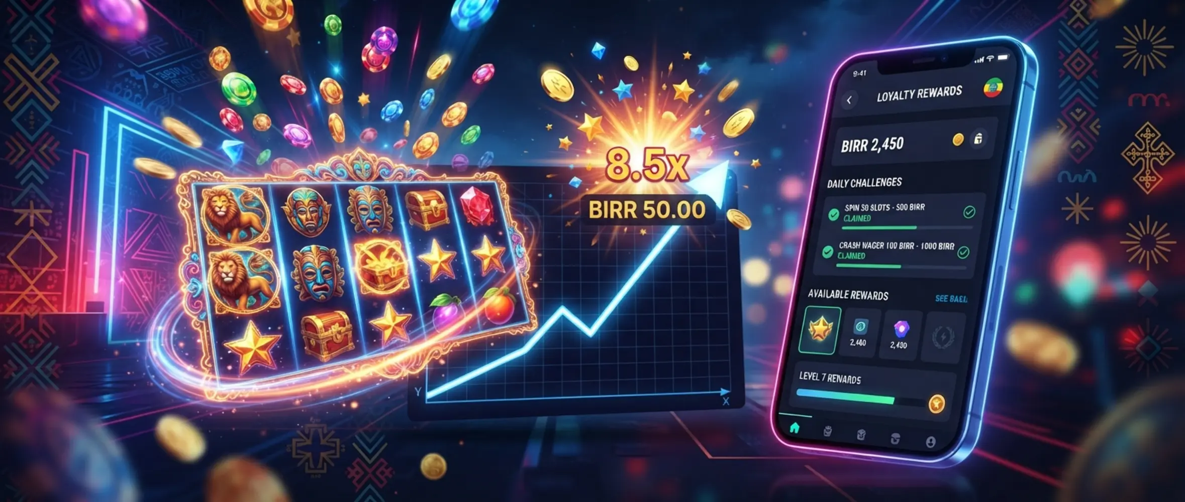 Promotional banner with gaming rewards visuals and smartphone interface for Ethiopia