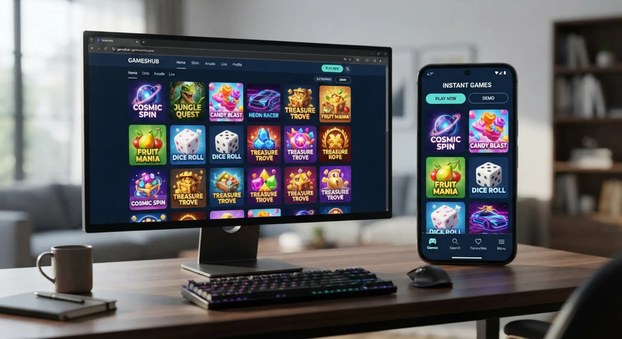 Instant games interface on desktop and mobile