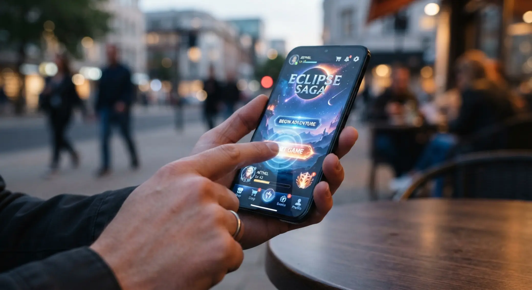 Hand using a smartphone to launch a new mobile game interface