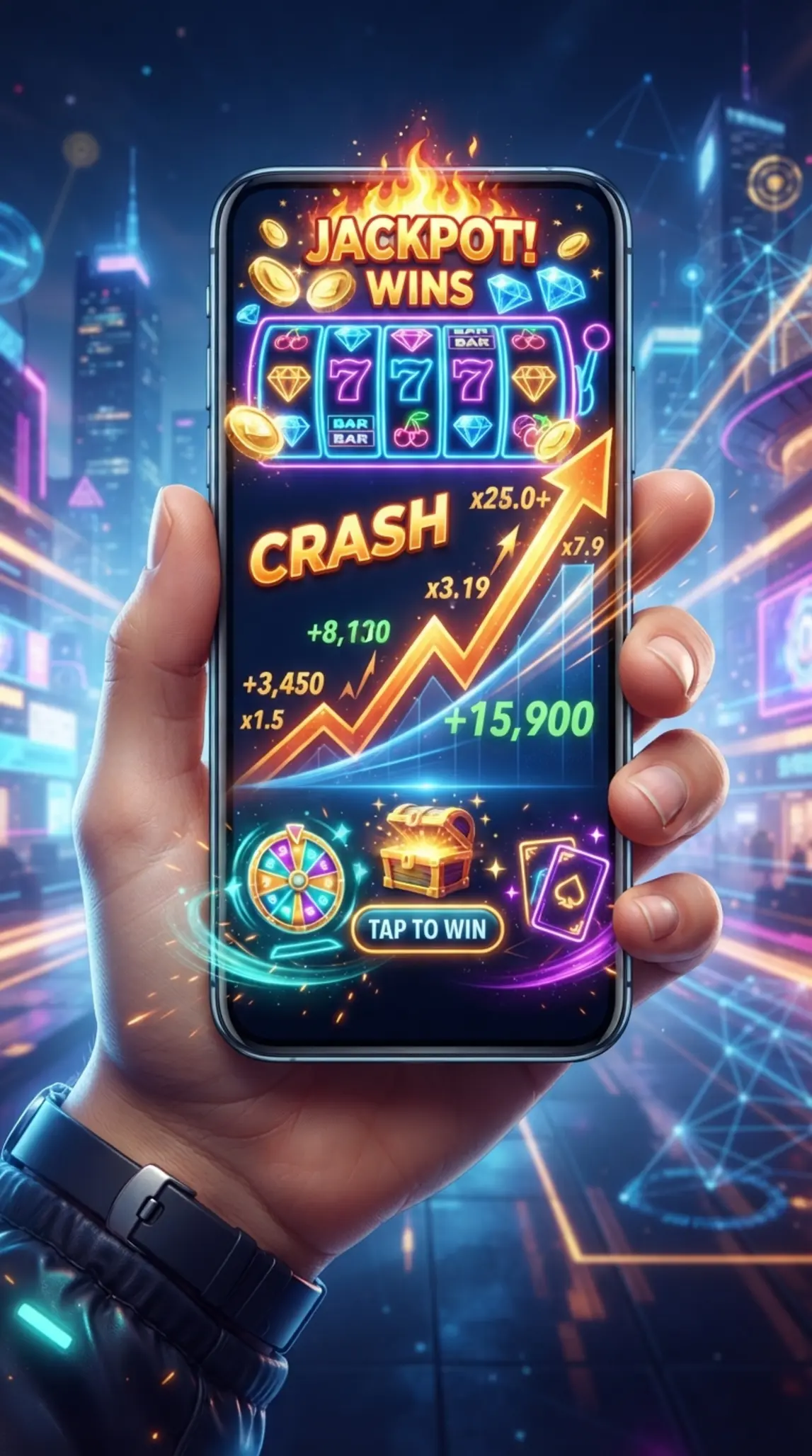 Hand holding a smartphone with fresh mobile game icons in a dynamic digital scene