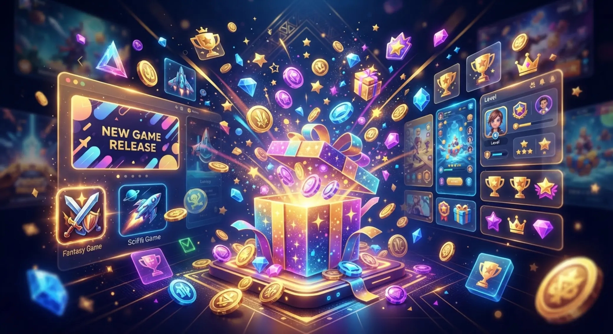 Promotional visual with reward icons and mobile game elements