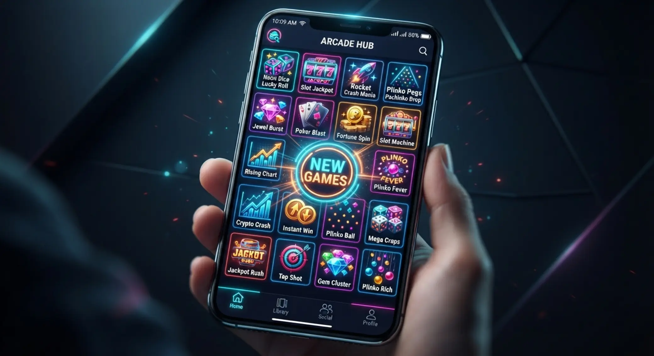 Smartphone showing a mix of new mobile game genres with a central new marker
