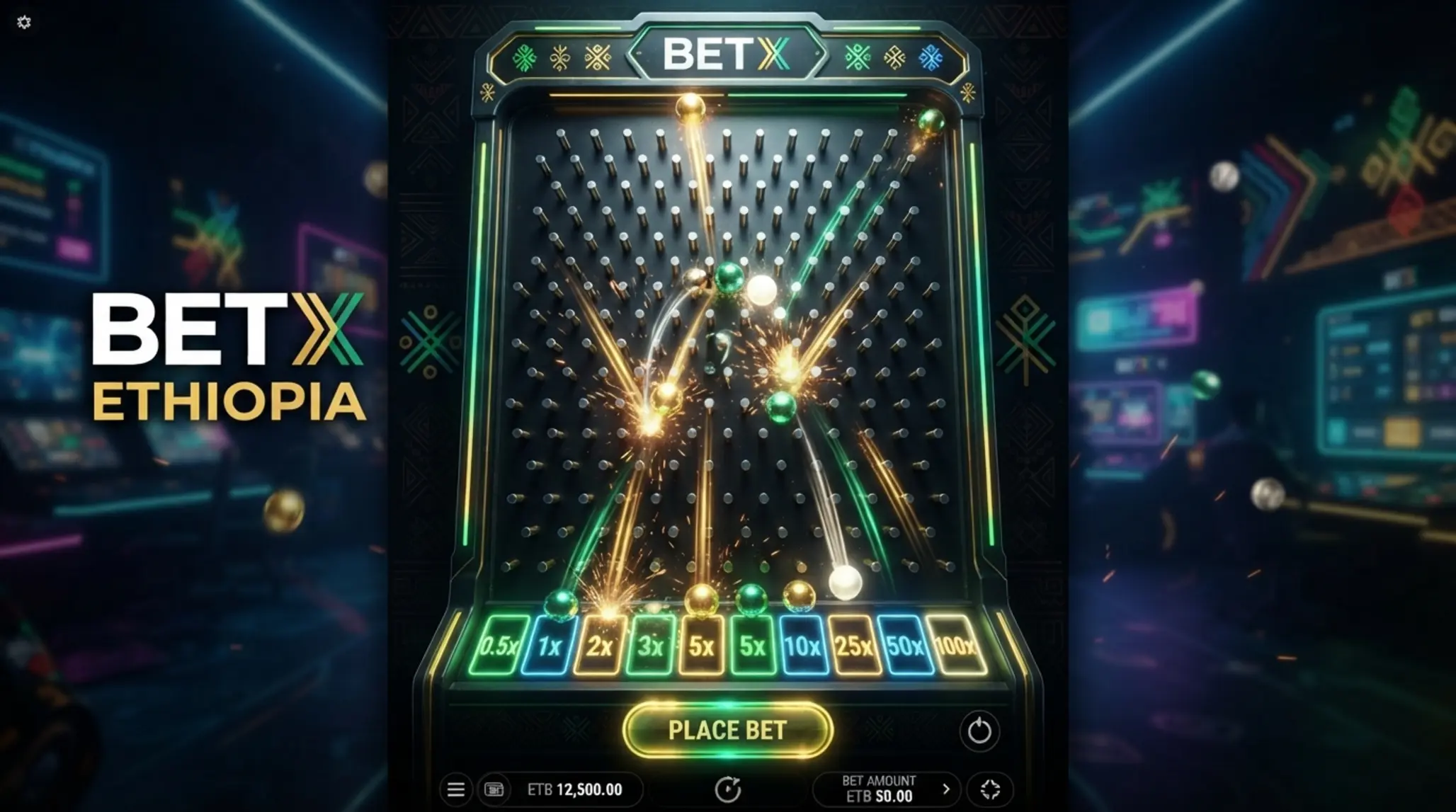 BetX Plinko online banner with glowing board, falling balls and multipliers