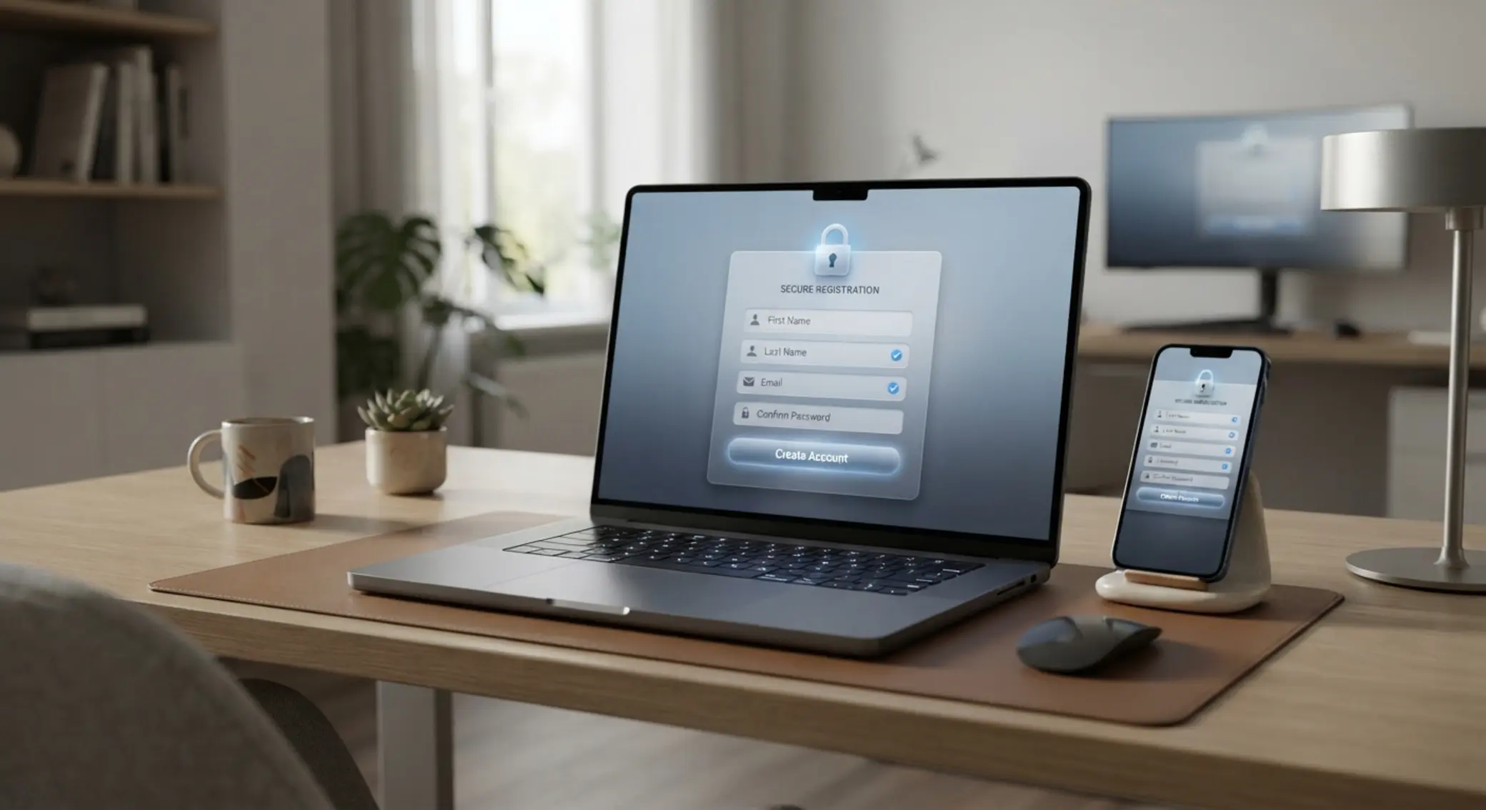 Secure online registration screen on smartphone and laptop