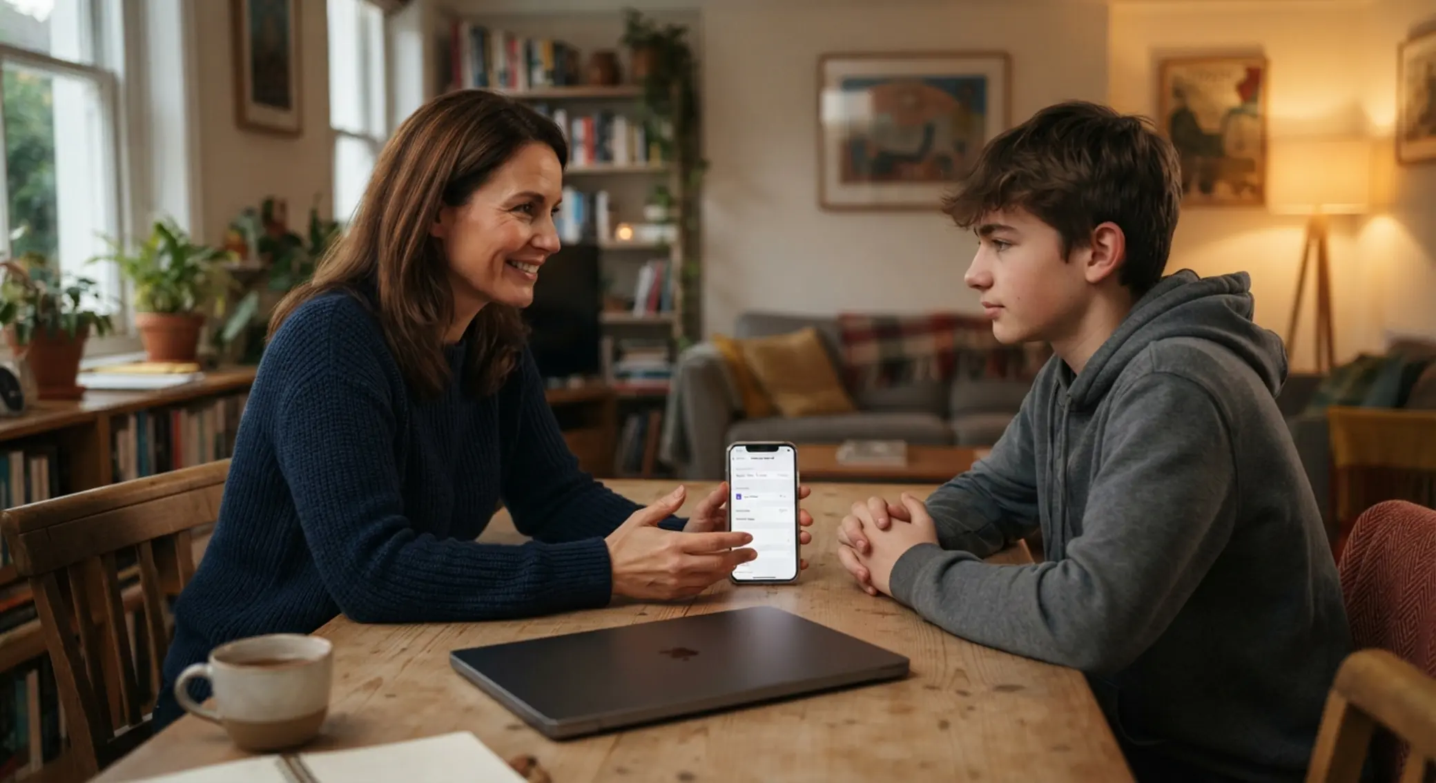 Parent setting device rules and discussing safe online access with teenager