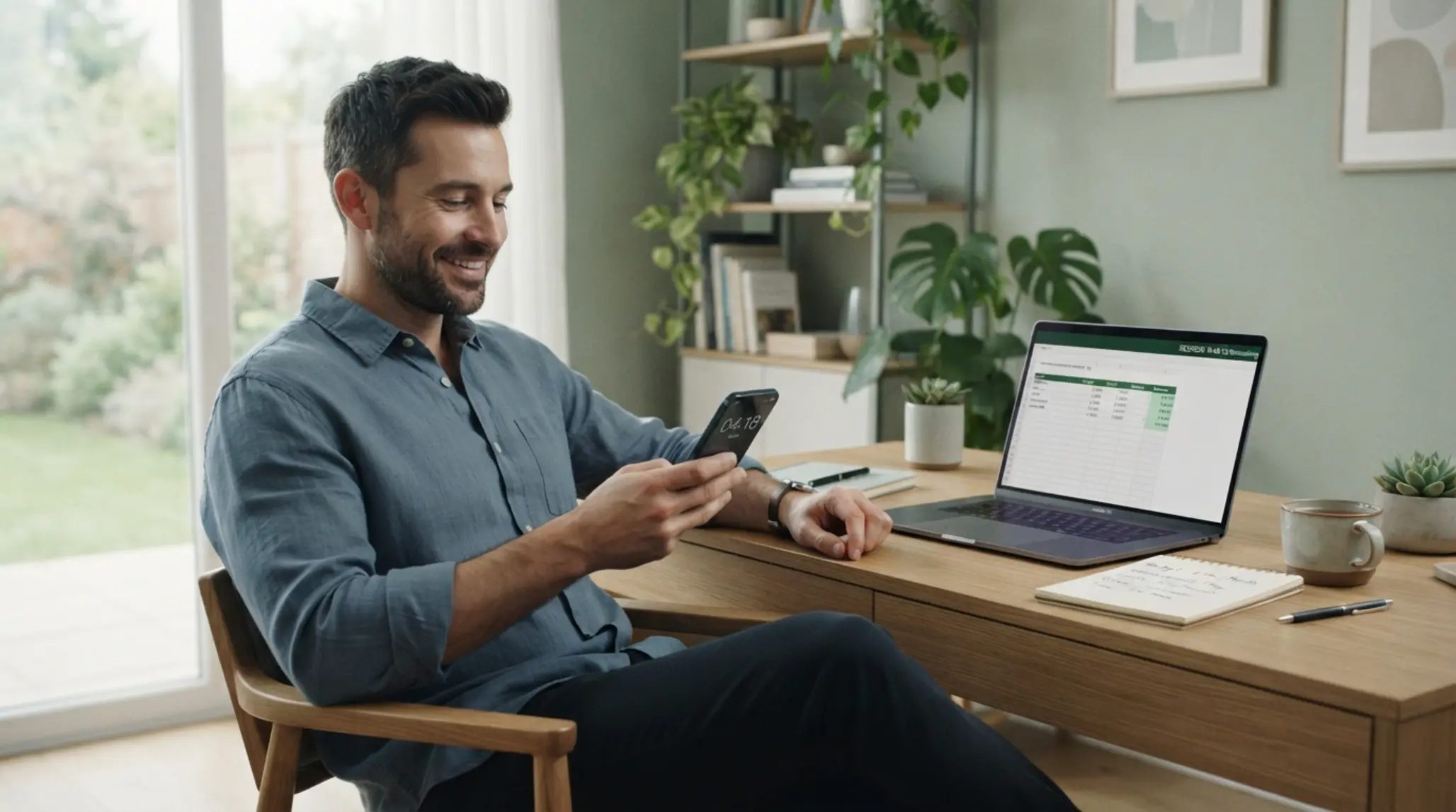 Adult user calmly managing time and budget on phone and laptop