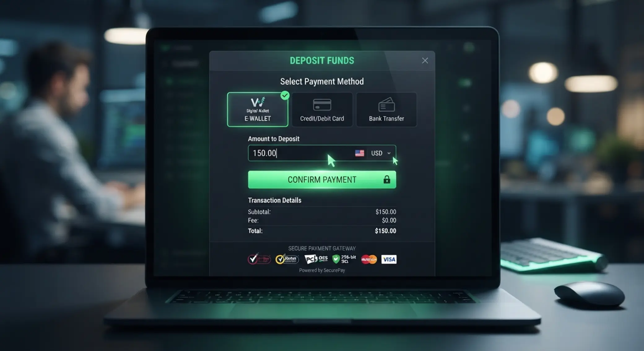BetX cashier interface illustration with Skrill selected as deposit method