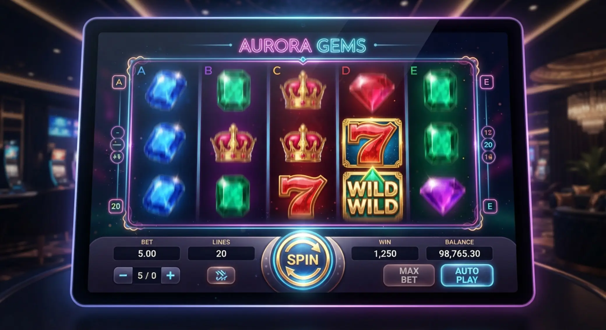 Slot game interface with reels and spin button