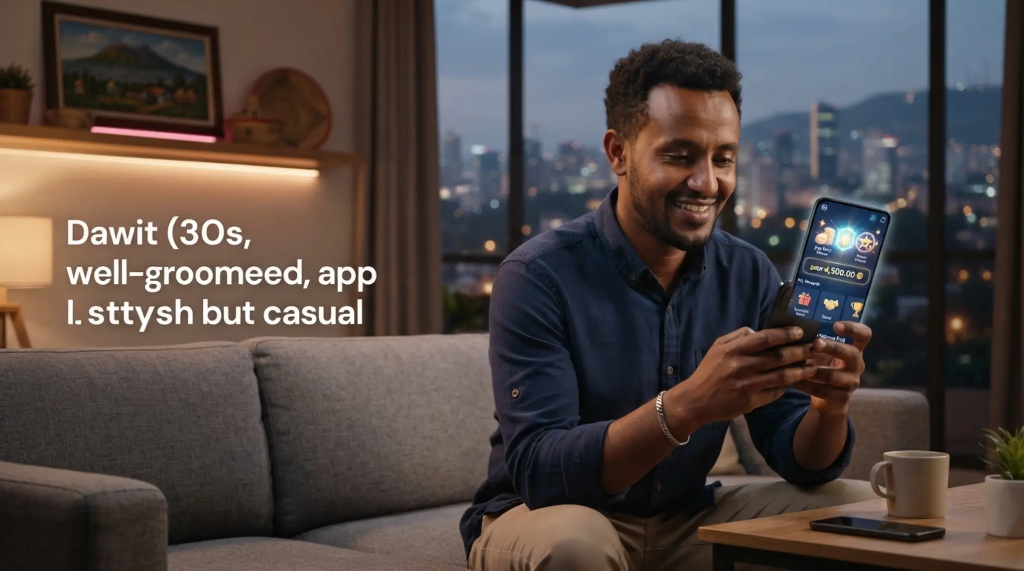 Local Ethiopian player using a smartphone with a welcome offer screen at home