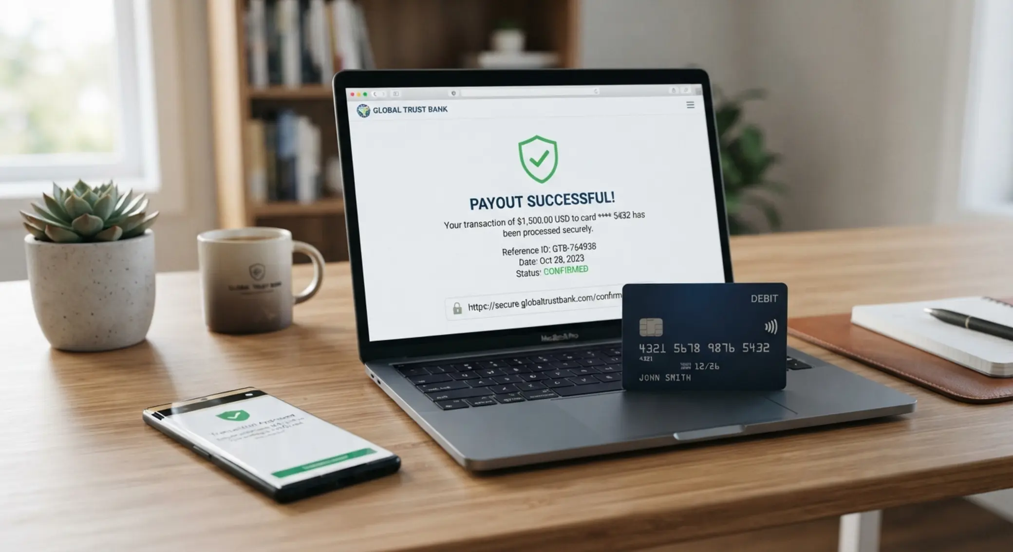 Bank card and payout confirmation screen showing secure withdrawal process