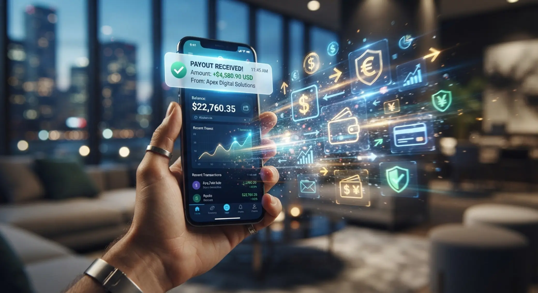Smartphone with digital wallet payout notification and fast transfer visuals