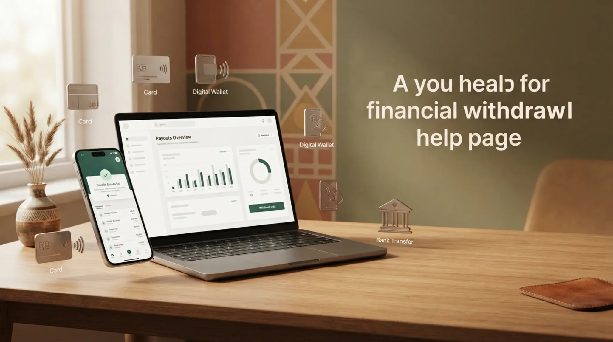 Mobile and laptop showing secure online payout screens with card, wallet and bank icons
