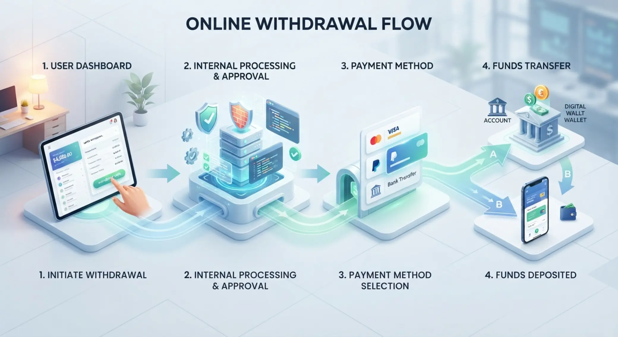Diagram showing account withdrawal process from request to payment receipt